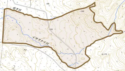 字観音岱とその周辺の地図。町の範囲を重ねている