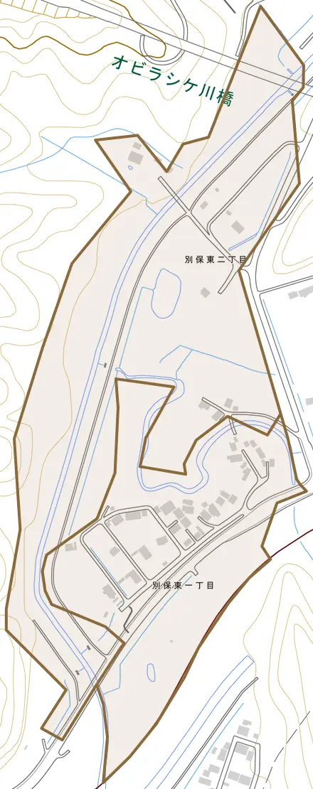 別保東とその周辺の地図。町の範囲を重ねている