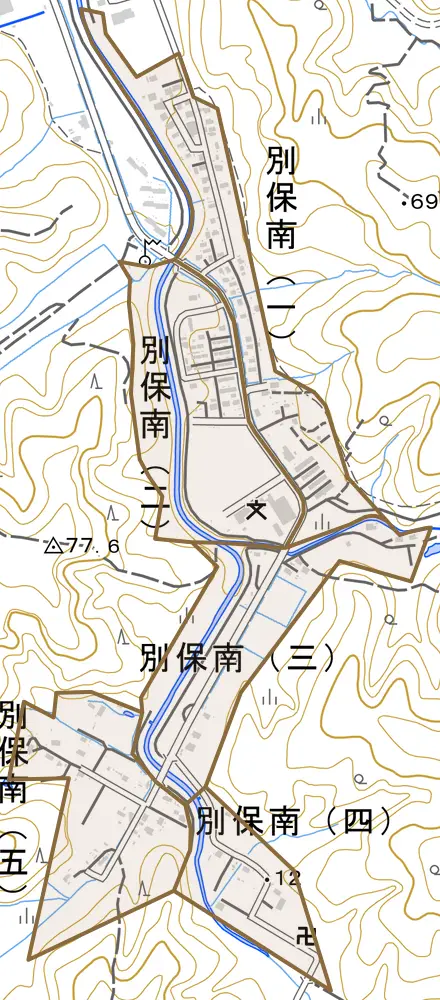 別保南とその周辺の地図。町の範囲を重ねている