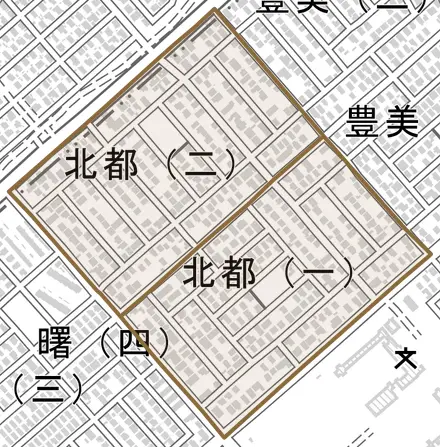 北都とその周辺の地図。町の範囲を重ねている