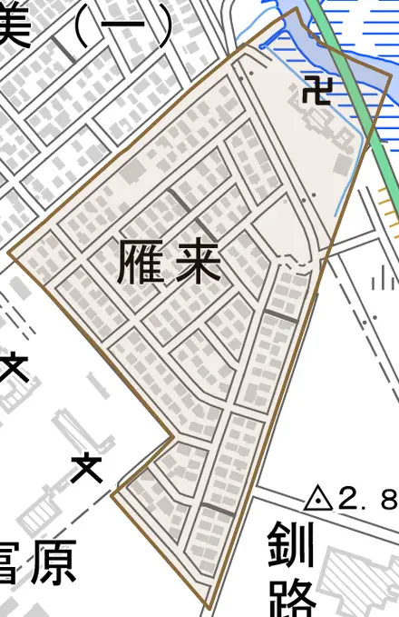 雁来とその周辺の地図。町の範囲を重ねている