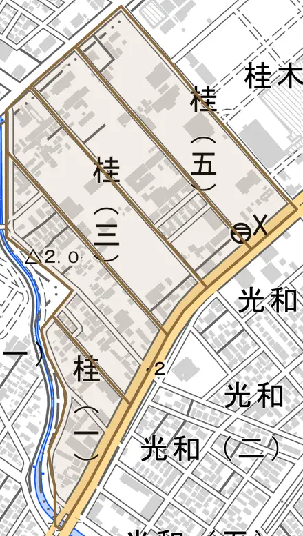桂とその周辺の地図。町の範囲を重ねている