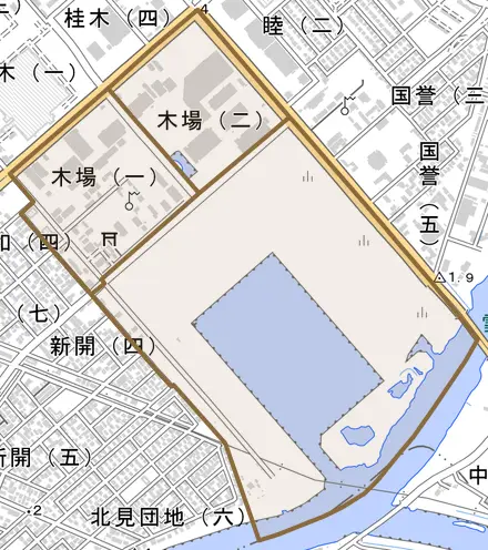 木場とその周辺の地図。町の範囲を重ねている