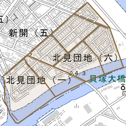 北見団地とその周辺の地図。町の範囲を重ねている