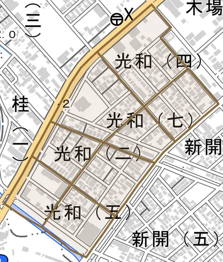 光和とその周辺の地図。町の範囲を重ねている