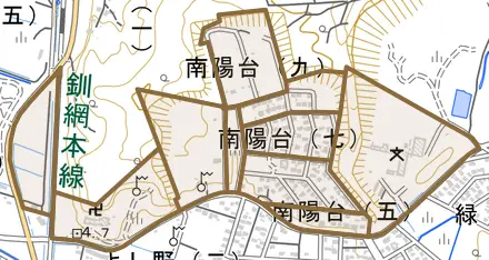 南陽台とその周辺の地図。町の範囲を重ねている