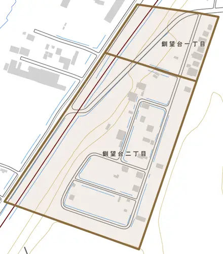 釧望台とその周辺の地図。町の範囲を重ねている