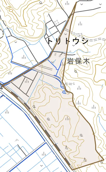 字イワボッケとその周辺の地図。町の範囲を重ねている