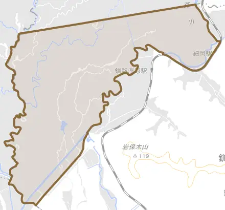 字鳥通原野とその周辺の地図。町の範囲を重ねている