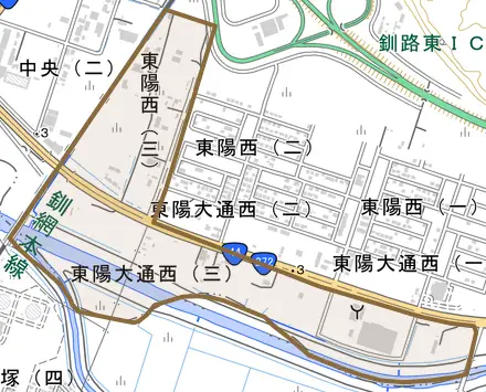 字別保原野とその周辺の地図。町の範囲を重ねている
