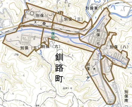 別保とその周辺の地図。町の範囲を重ねている