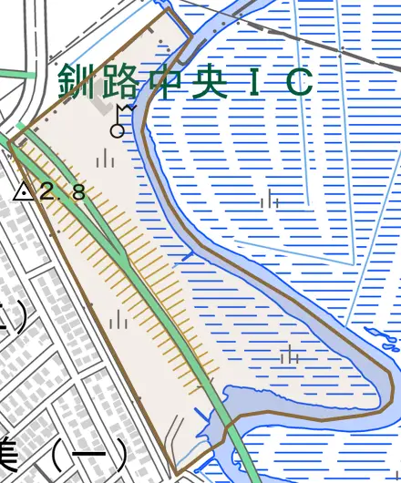 雪里とその周辺の地図。町の範囲を重ねている