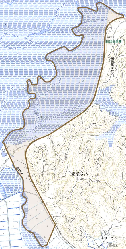 字トリトウシ原野南四線とその周辺の地図。町の範囲を重ねている
