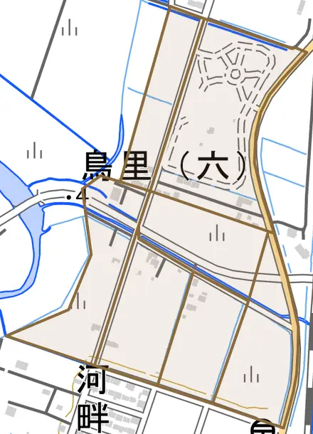 鳥里とその周辺の地図。町の範囲を重ねている