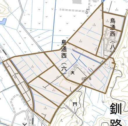 鳥通西とその周辺の地図。町の範囲を重ねている