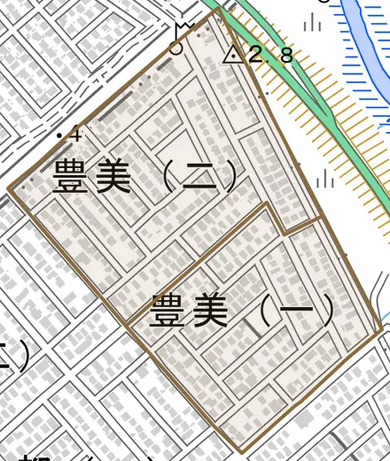 豊美とその周辺の地図。町の範囲を重ねている
