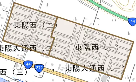 東陽西とその周辺の地図。町の範囲を重ねている