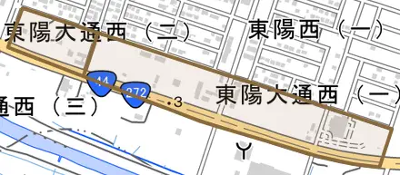 東陽大通西とその周辺の地図。町の範囲を重ねている