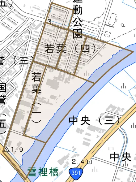若葉とその周辺の地図。町の範囲を重ねている