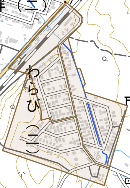 わらびとその周辺の地図。町の範囲を重ねている