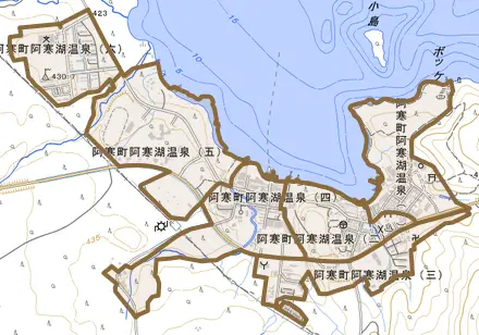 阿寒町阿寒湖温泉とその周辺の地図。町の範囲を重ねている