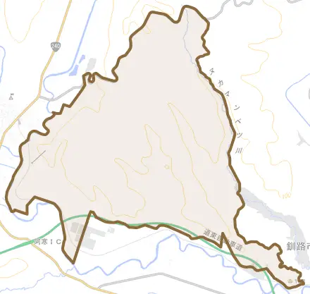 阿寒町東舌辛とその周辺の地図。町の範囲を重ねている