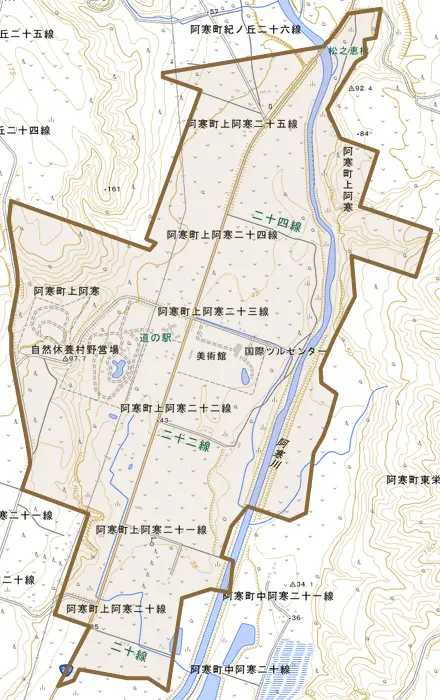 阿寒町上阿寒とその周辺の地図。町の範囲を重ねている