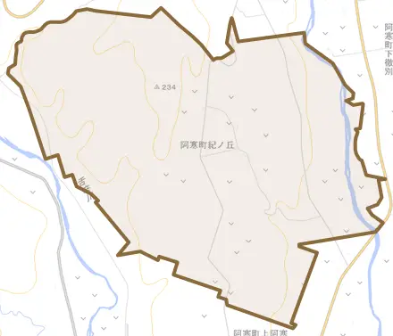 阿寒町紀ノ丘とその周辺の地図。町の範囲を重ねている