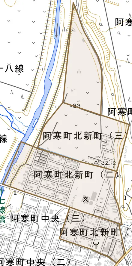 阿寒町北新町とその周辺の地図。町の範囲を重ねている