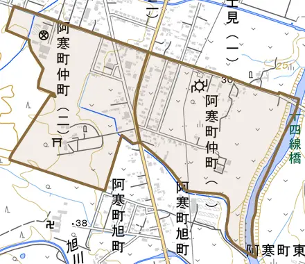 阿寒町仲町とその周辺の地図。町の範囲を重ねている