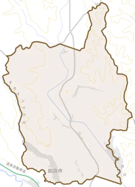 阿寒町下仁々志別とその周辺の地図。町の範囲を重ねている