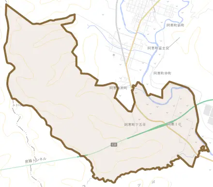 阿寒町下舌辛とその周辺の地図。町の範囲を重ねている