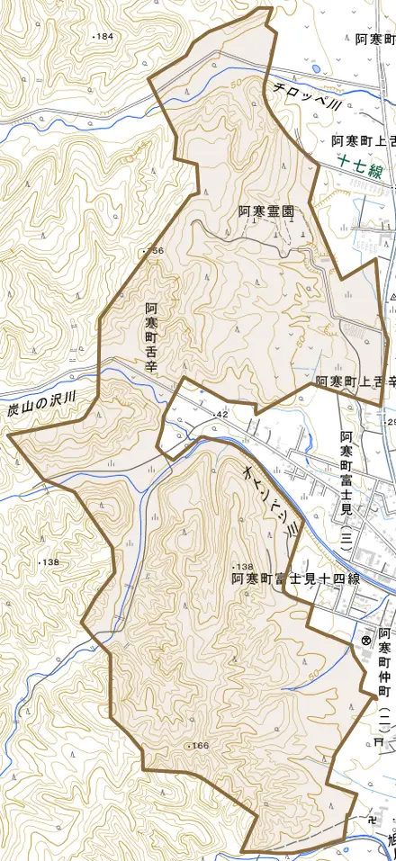 阿寒町舌辛とその周辺の地図。町の範囲を重ねている