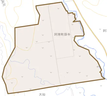 阿寒町蘇牛とその周辺の地図。町の範囲を重ねている