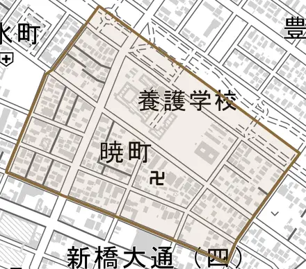 暁町とその周辺の地図。町の範囲を重ねている