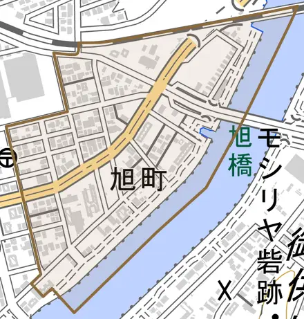 旭町とその周辺の地図。町の範囲を重ねている