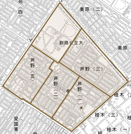 芦野とその周辺の地図。町の範囲を重ねている