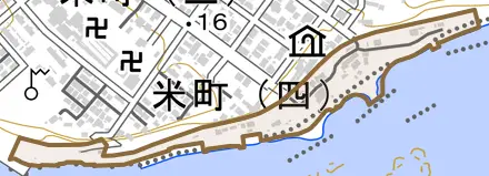 弁天ケ浜とその周辺の地図。町の範囲を重ねている
