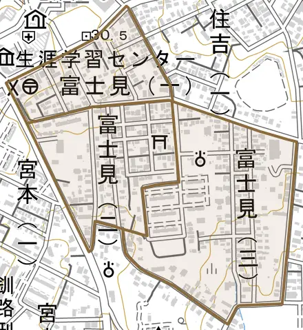 富士見とその周辺の地図。町の範囲を重ねている