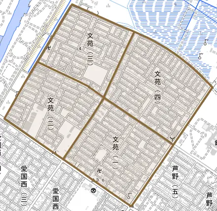 文苑とその周辺の地図。町の範囲を重ねている