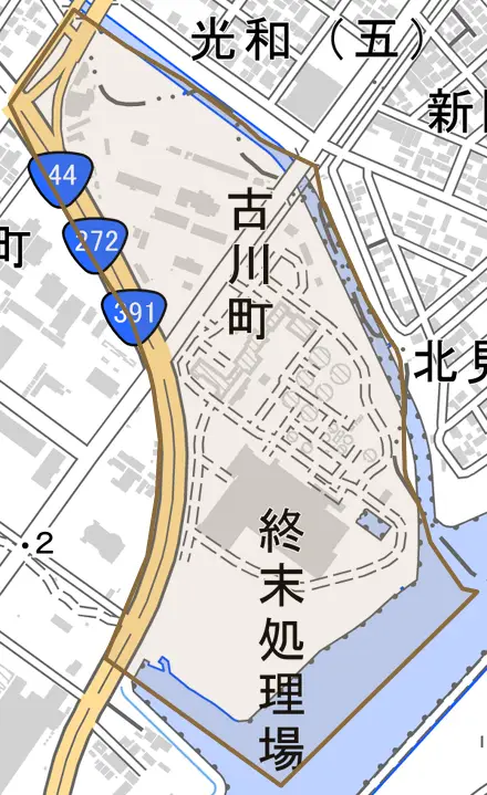 古川町とその周辺の地図。町の範囲を重ねている