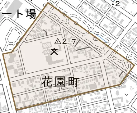 花園町とその周辺の地図。町の範囲を重ねている