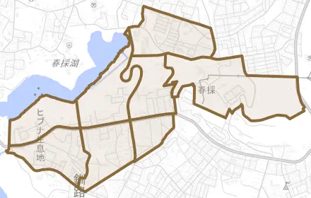 春採とその周辺の地図。町の範囲を重ねている