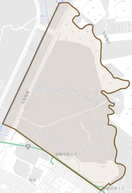 広里とその周辺の地図。町の範囲を重ねている