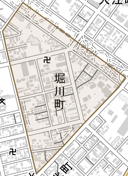 堀川町とその周辺の地図。町の範囲を重ねている