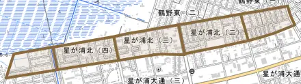 星が浦北とその周辺の地図。町の範囲を重ねている