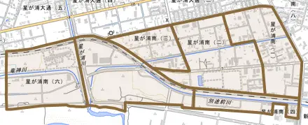 星が浦南とその周辺の地図。町の範囲を重ねている