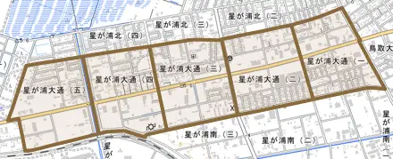 星が浦大通とその周辺の地図。町の範囲を重ねている