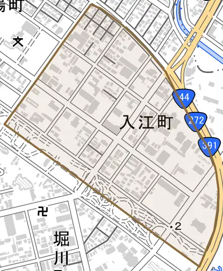 入江町とその周辺の地図。町の範囲を重ねている