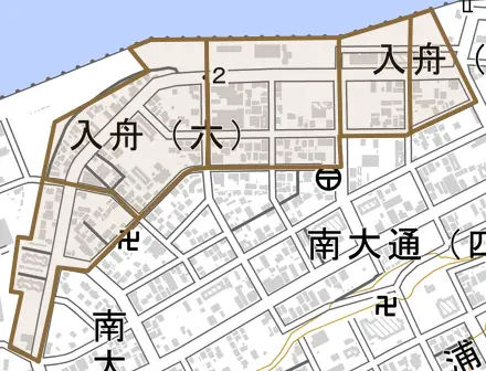 入舟とその周辺の地図。町の範囲を重ねている